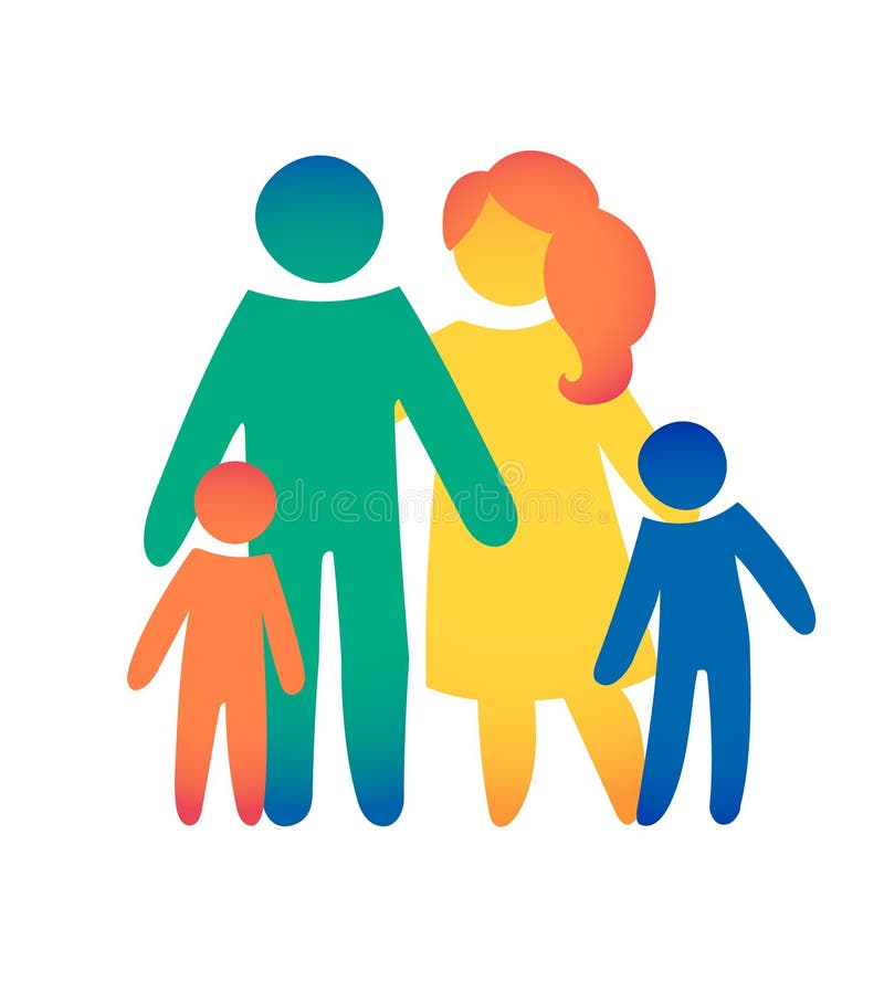Lycklig familjsymbol som är mångfärgad i enkla diagram Två barn, farsan och mamman står tillsammans Vektorn kan användas som logo royaltyfri illustrationer Lycklig familjsymbol som är mångfärgad i enkla diagram Två barn, farsan och mamman står tillsammans Vektorn kan användas som logo royaltyfri illustrationer