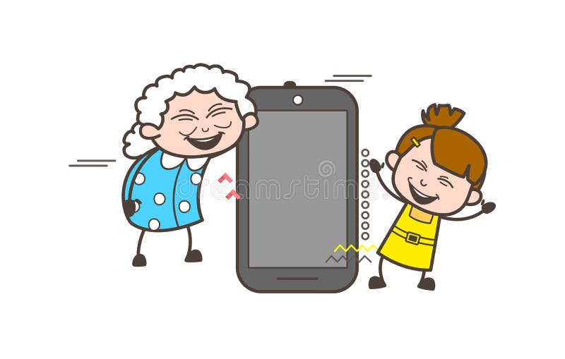 Lycklig farmor för tecknad film med lilla flickan och den Smartphone vektorillustrationen vektor illustrationer Lycklig farmor för tecknad film med lilla flickan och den Smartphone vektorillustrationen vektor illustrationer