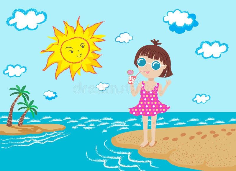 Lycklig flicka och sol på stranden stock illustrationer Lycklig flicka och sol på stranden stock illustrationer