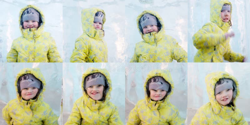 Lycklig giel ijnguling poserar bak tjockt stycke av is arkivfoto Lycklig giel ijnguling poserar bak tjockt stycke av is arkivfoto