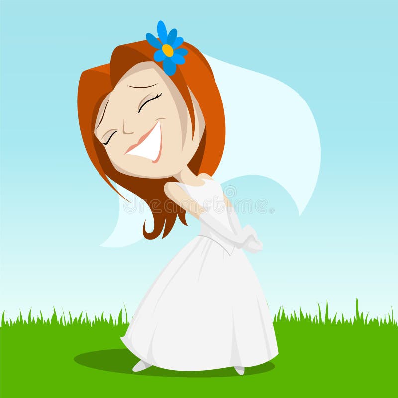 Vector illustration. Cartoon happy bride on green grass with blue flower in her hair. Vector illustration. Cartoon happy bride on green grass with blue flower in her hair