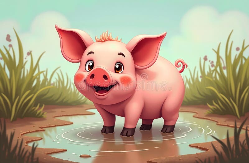 Lycklig gris i puddle royaltyfri illustrationer