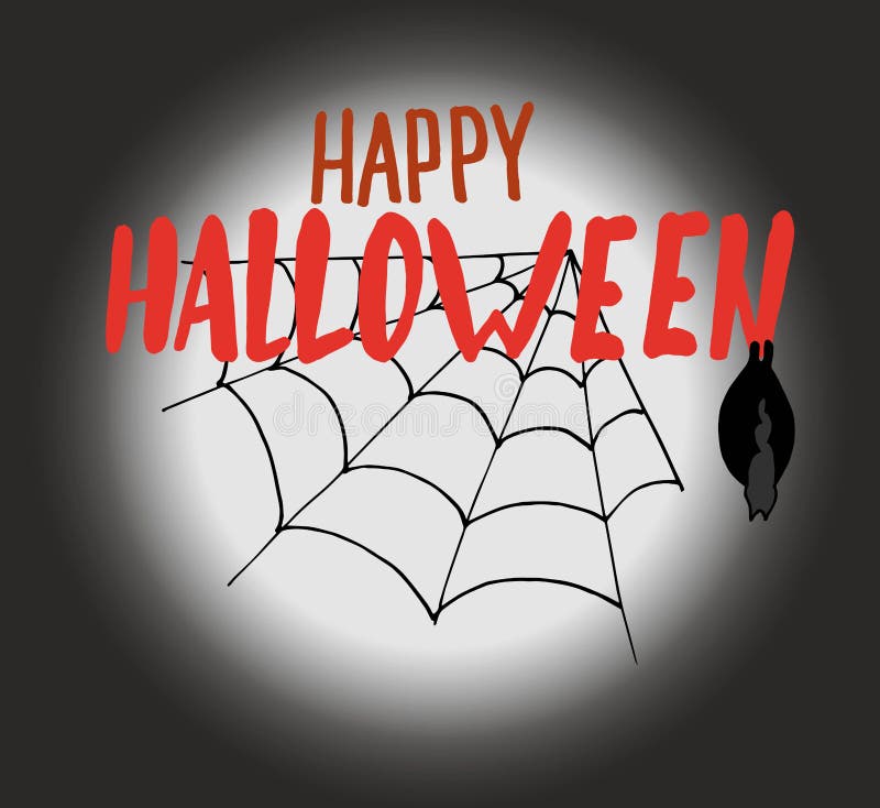 Lycklig halloween hand-teckning som lettring på en mörk bakgrund av månen med en spindelrengöringsduk och ett slagträ ocks? vekto stock illustrationer Lycklig halloween hand-teckning som lettring på en mörk bakgrund av månen med en spindelrengöringsduk och ett slagträ ocks? vekto stock illustrationer