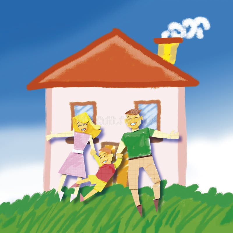 Classic illustration, happy family paper and hause. Classic illustration, happy family paper and hause