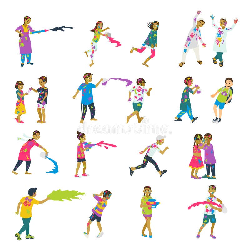Lycklig holiuppsättning av 20 barntecken som spelar holi Vektoruppsättning av tecken royaltyfri illustrationer Lycklig holiuppsättning av 20 barntecken som spelar holi Vektoruppsättning av tecken royaltyfri illustrationer