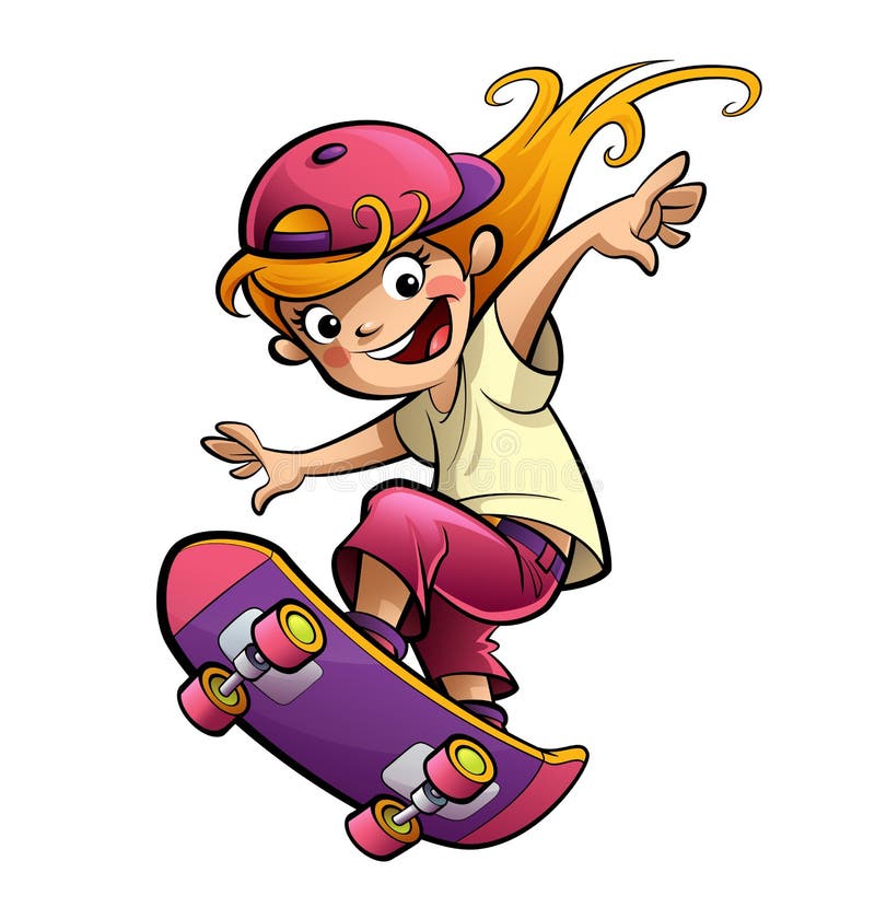 Lycklig le ungeflicka för tecknad film med skateboarden i sportlynne royaltyfri illustrationer
