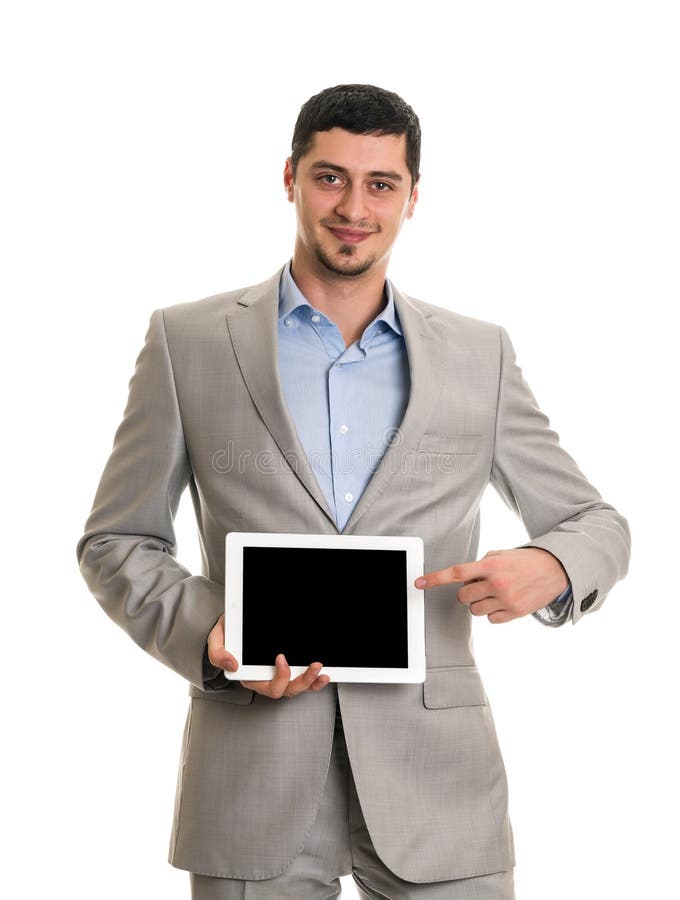 Lycklig man med tabletPCdatoren royaltyfri bild Lycklig man med tabletPCdatoren royaltyfri bild