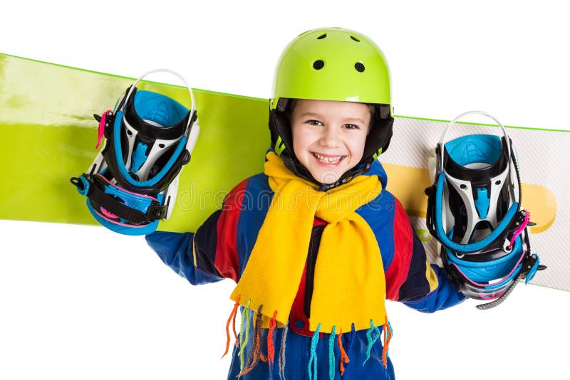 Lycklig pojke med snowboarden arkivbilder Lycklig pojke med snowboarden arkivbilder