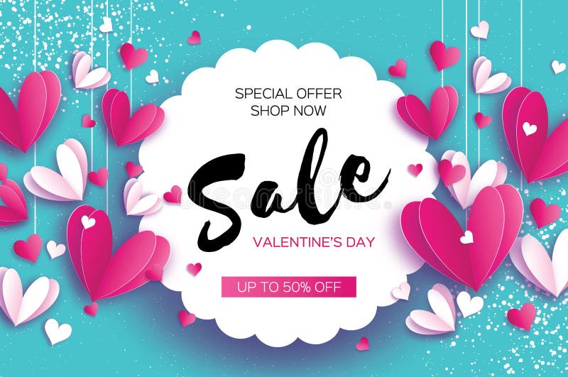 Happy Valentine`s day. Sale offer. Origami pink, white hearts in paper cut style on blue sky. Circle wave frame. Text. Shop market poster. Romantic Holidays. Love. 14 February. Vector. Happy Valentine`s day. Sale offer. Origami pink, white hearts in paper cut style on blue sky. Circle wave frame. Text. Shop market poster. Romantic Holidays. Love. 14 February. Vector