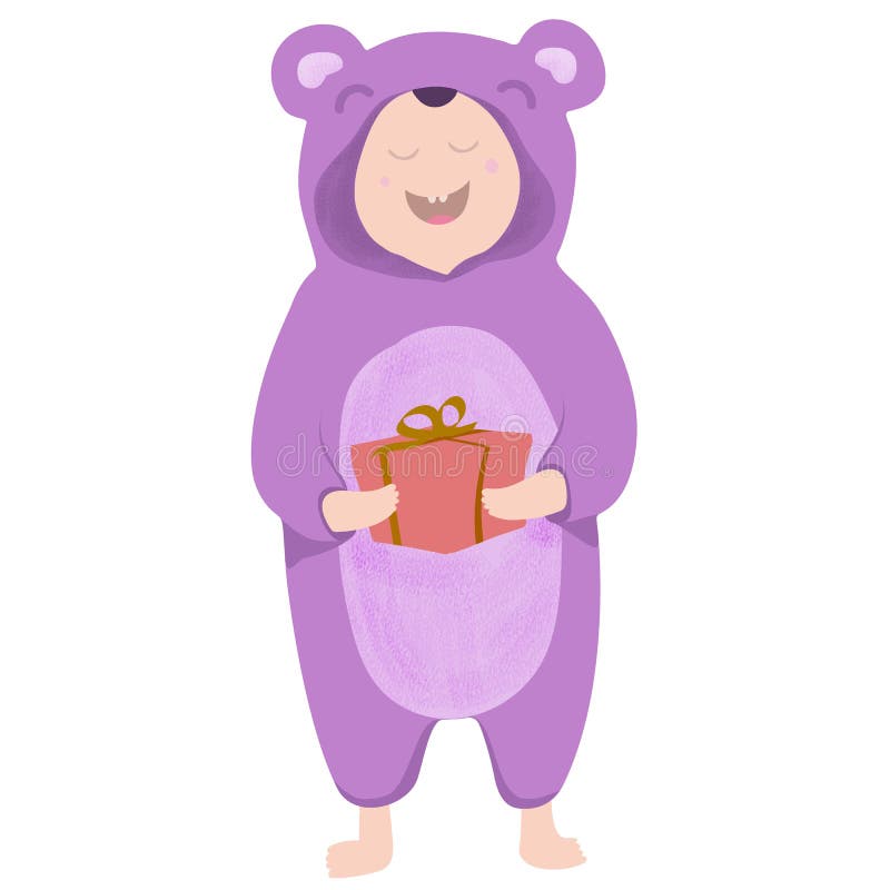 Lycklig skratta unge med närvarande bärande kigurumi stock illustrationer Lycklig skratta unge med närvarande bärande kigurumi stock illustrationer