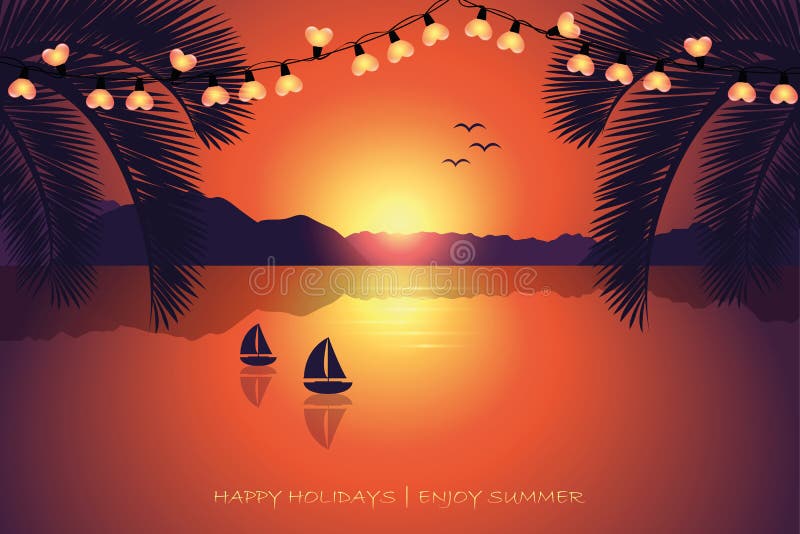 Happy summer holiday postcard sunset paradise beach with fairy lights sailboat and palm tree vector illustration EPS10. Happy summer holiday postcard sunset paradise beach with fairy lights sailboat and palm tree vector illustration EPS10