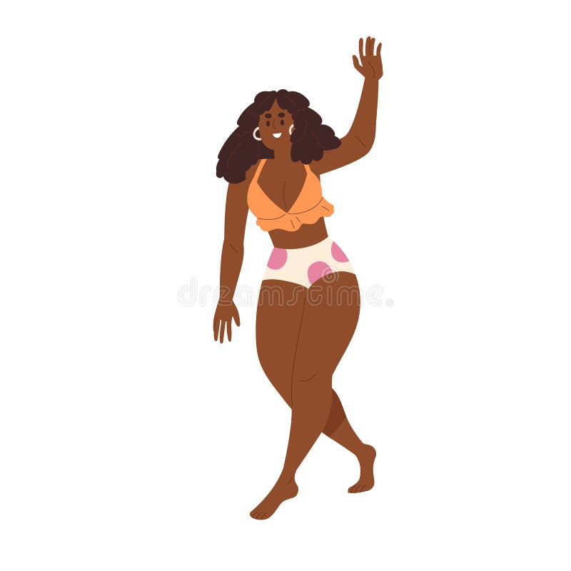 Lycklig svart kvinna i bikini som går och hälsar med sin gestvävning med hand. Smiling africanamerikan tjej i stock illustrationer