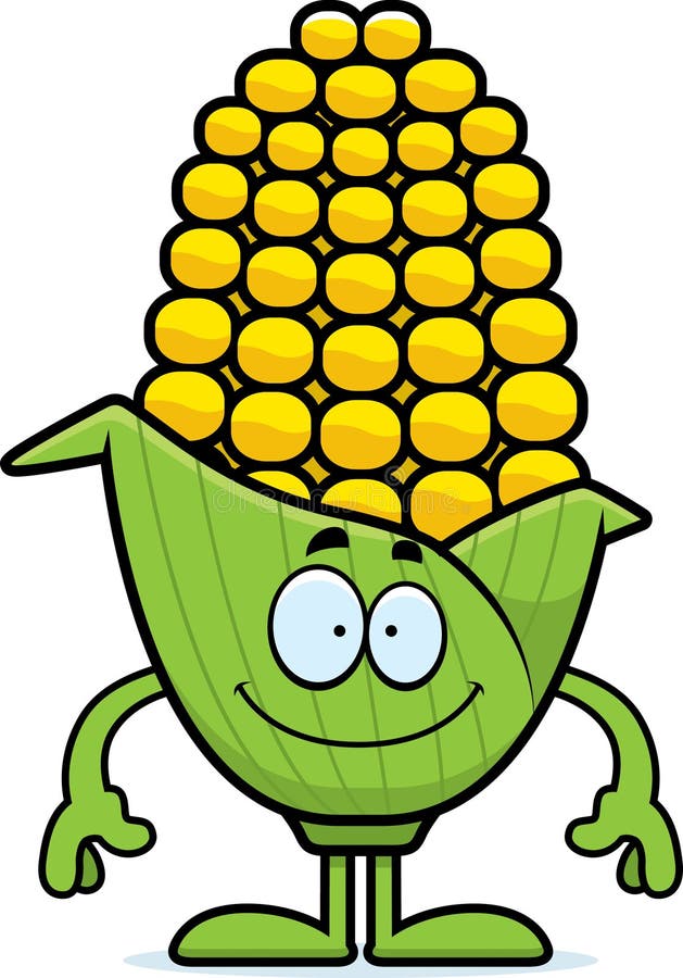 A cartoon illustration of an ear of corn looking happy. A cartoon illustration of an ear of corn looking happy.