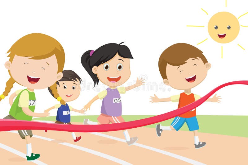 Vector illustration of Happy kids sprinter coming first to finish line. Vector illustration of Happy kids sprinter coming first to finish line