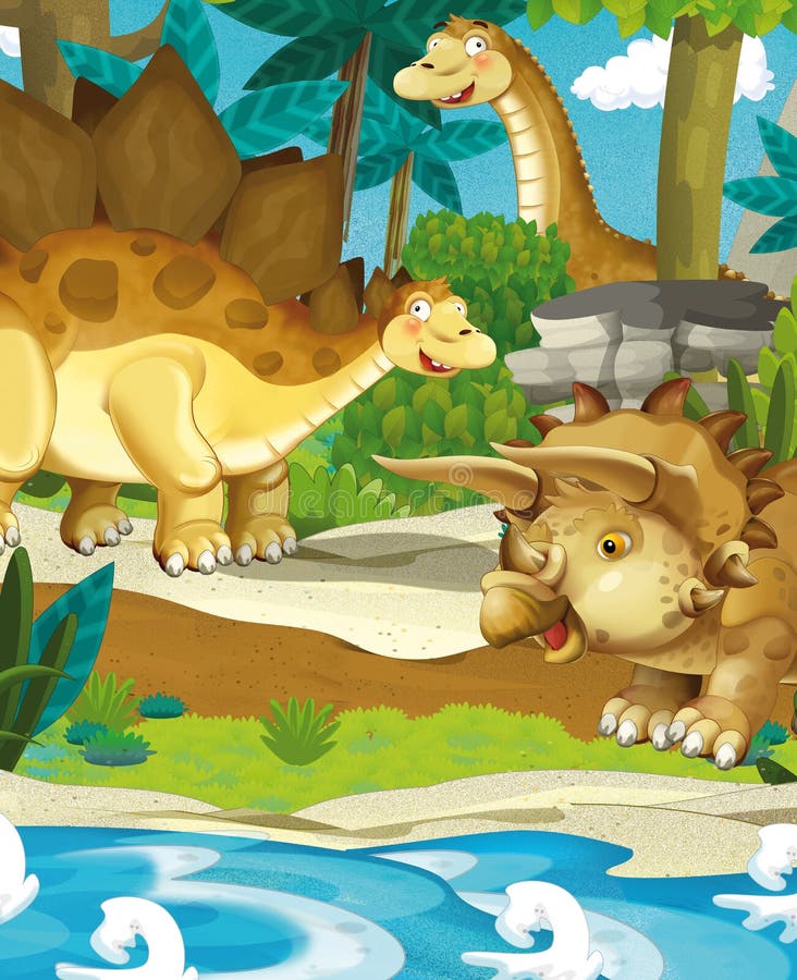 Lyckliga dinosaurier för tecknad film - vulkan för diplodocusstegosaurustriceratops stock illustrationer Lyckliga dinosaurier för tecknad film - vulkan för diplodocusstegosaurustriceratops stock illustrationer