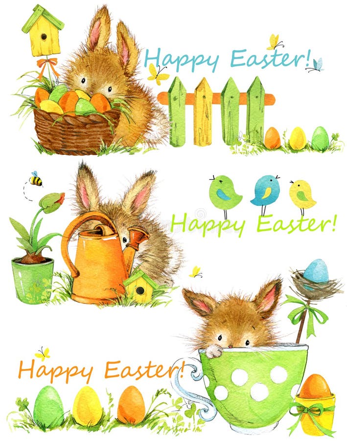 Happy Easter. Easter elements Set of banners. cute bunny watercolor illustration. Happy Easter. Easter elements Set of banners. cute bunny watercolor illustration