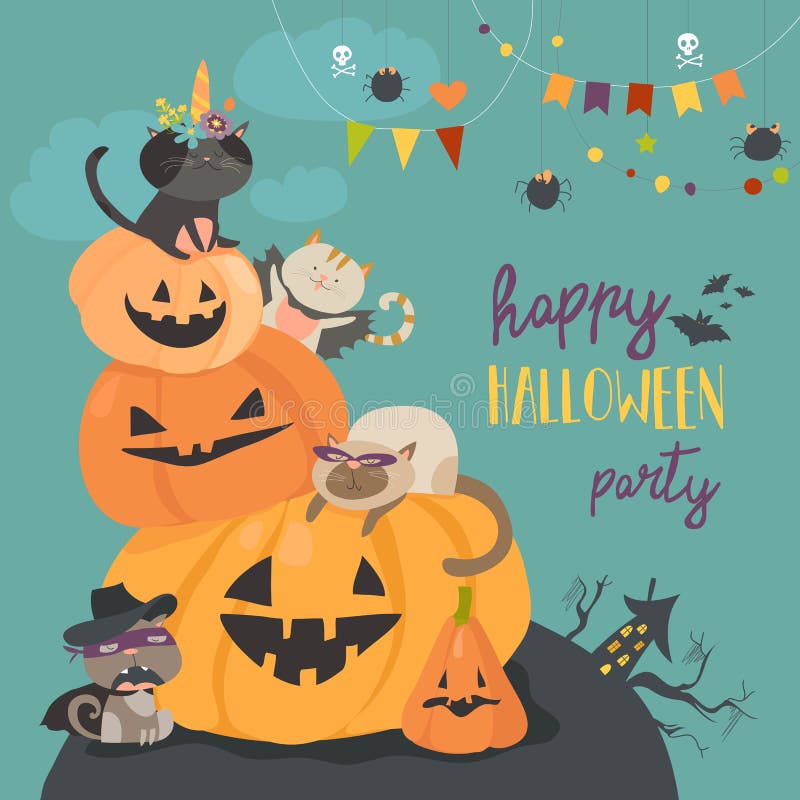 Lyckliga halloween med pumpa och gulliga katter i karnevaldräkter royaltyfri illustrationer Lyckliga halloween med pumpa och gulliga katter i karnevaldräkter royaltyfri illustrationer