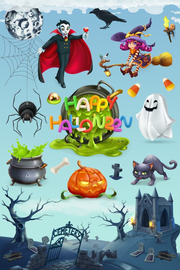 Happy Halloween. Pumpkin, spider, cat, witch, vampire and cemetery landscape, 3d vector icon set. Happy Halloween. Pumpkin, spider, cat, witch, vampire and cemetery landscape, 3d vector icon set