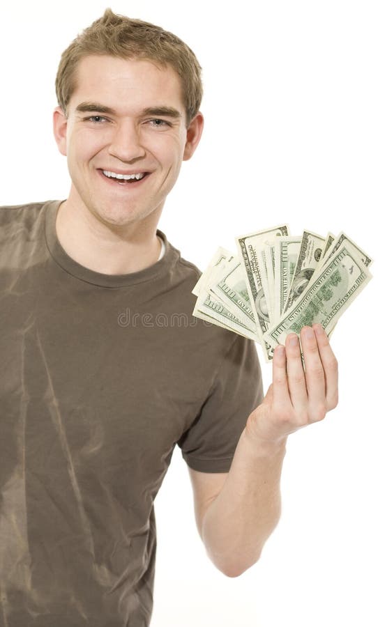 Young man shows a fan of one hundred dollar bills. Young man shows a fan of one hundred dollar bills.