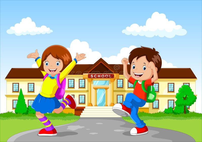 Vector illustration of happy school children with backpack on school building background. Vector illustration of happy school children with backpack on school building background