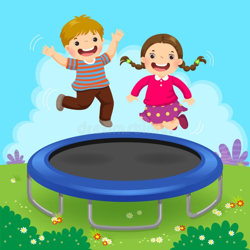 Lyckliga ungar som hoppar på trampolinen i trädgården vektor illustrationer Lyckliga ungar som hoppar på trampolinen i trädgården vektor illustrationer