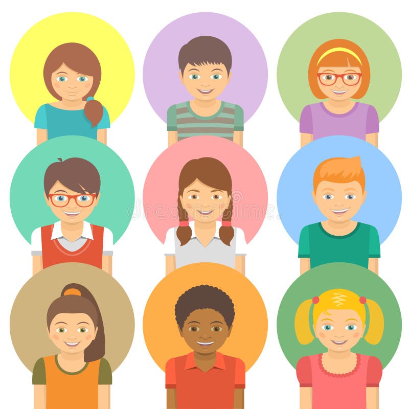 Set of flat stylized avatars of different happy smiling kids on colored circles. Portraits of boys and girls of different ethnicity. Set of flat stylized avatars of different happy smiling kids on colored circles. Portraits of boys and girls of different ethnicity.