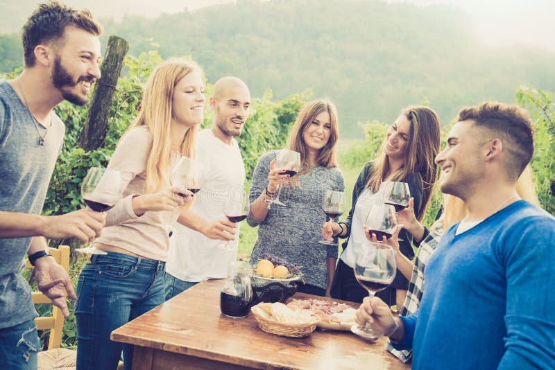 Lyckliga vänner som har gyckel- och drininkvin på det trädgårds- partiet för trädgård royaltyfria bilder Lyckliga vänner som har gyckel- och drininkvin på det trädgårds- partiet för trädgård royaltyfria bilder