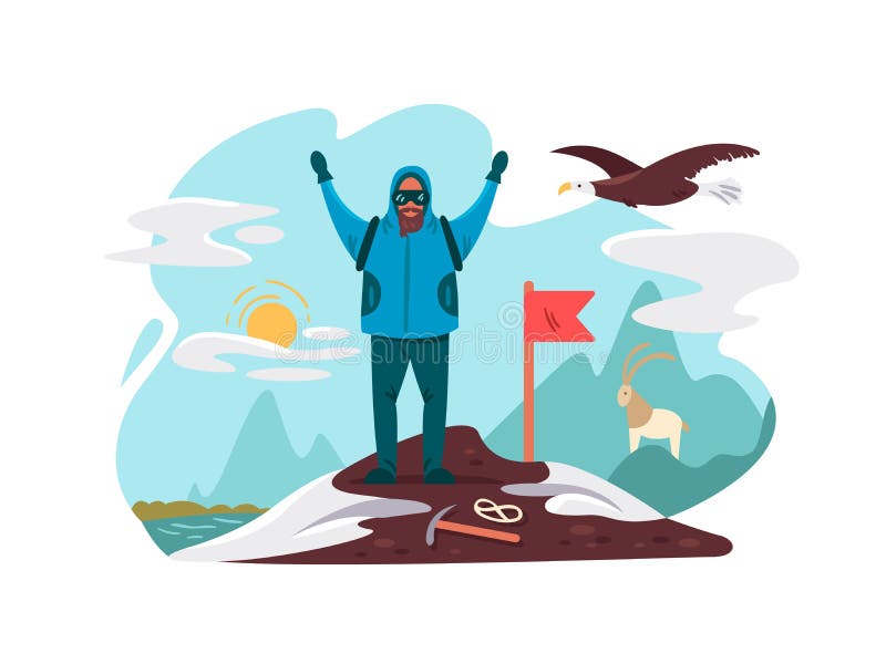 Lyckligt berg för bergsbestigare överst vektor illustrationer Lyckligt berg för bergsbestigare överst vektor illustrationer