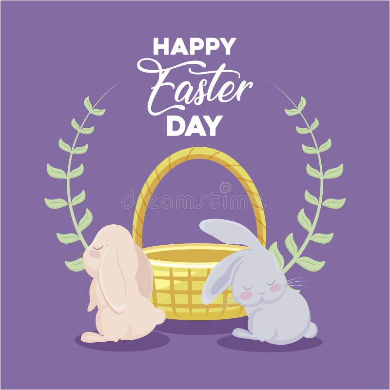 Lyckligt easter dagkort med gulliga kaniner och korggnäggandet stock illustrationer Lyckligt easter dagkort med gulliga kaniner och korggnäggandet stock illustrationer