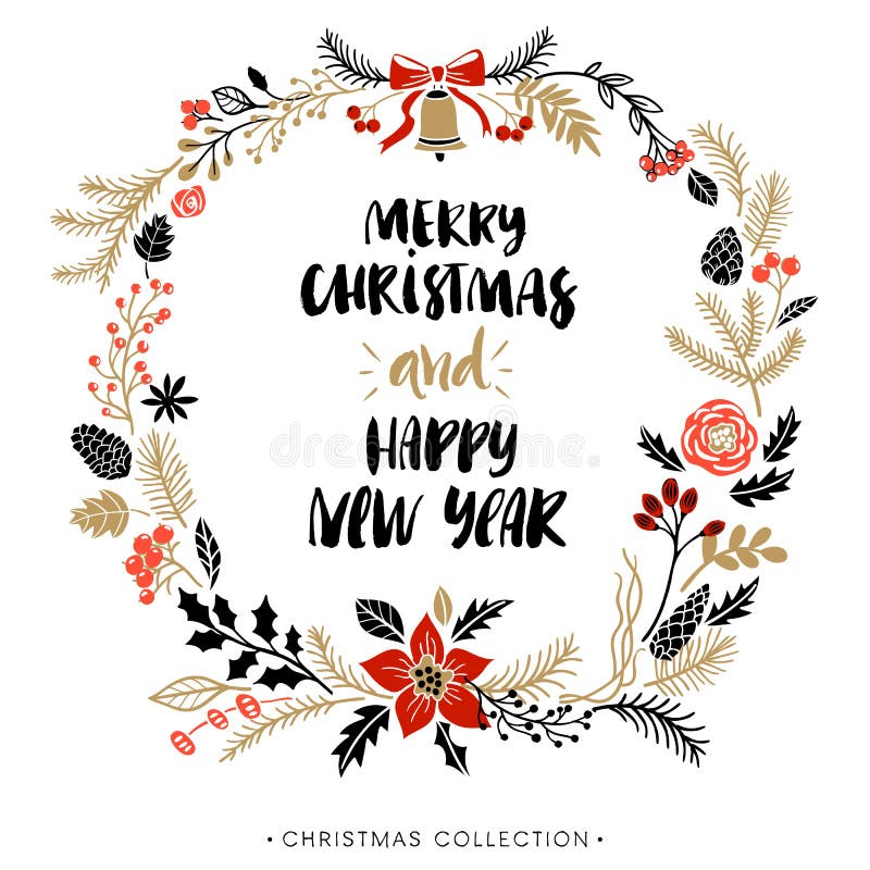 Lyckligt glatt nytt år för jul Hälsningkrans med kalligrafi stock illustrationer