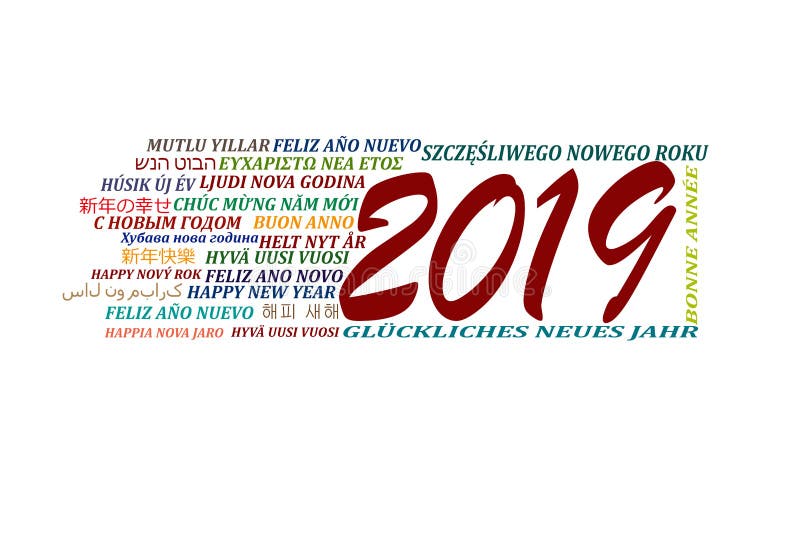 Lyckligt nytt år 2019 i olika språk av världen, vit b stock illustrationer Lyckligt nytt år 2019 i olika språk av världen, vit b stock illustrationer