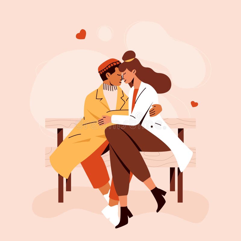 Lyckligt par ihop. Människor i kärlek som sitter på bänk, som kramar kyssar man och kvinna i romantiska relationer. plan stock illustrationer