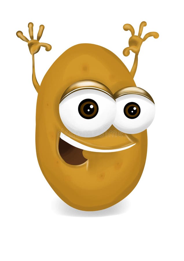 Happy brown raw potato cartoon character laughing with joyfully raised arms, cute and funny potato character with a big smile, on a white background. Intense brown, round vegetable hovers over the floor with a delicate shadow. This dark brown vegetable cartoon may represent healthy lifestyle, healthy food, organic farming, vegetarianism, vegan diet, good nutrition or be an illustration for children. Expresses superiority of healthy food over junk food. Two raised arms of this potato toon enhance its happy, ecstatic or even surprised expression. Happy brown raw potato cartoon character laughing with joyfully raised arms, cute and funny potato character with a big smile, on a white background. Intense brown, round vegetable hovers over the floor with a delicate shadow. This dark brown vegetable cartoon may represent healthy lifestyle, healthy food, organic farming, vegetarianism, vegan diet, good nutrition or be an illustration for children. Expresses superiority of healthy food over junk food. Two raised arms of this potato toon enhance its happy, ecstatic or even surprised expression.