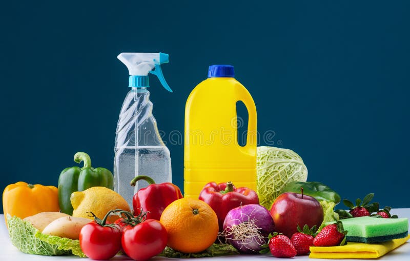 Lye Solution with Water To Disinfect Fresh Food. Vertical Stock Image