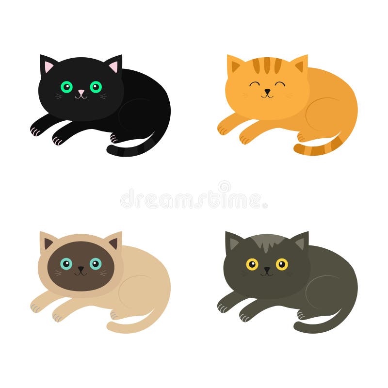 Lying Cat Icon Set. Siamese, Red, Black, Orange, Gray Color Cats