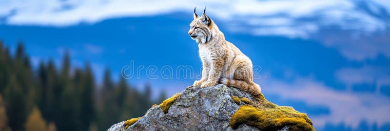 Lynx Sitton på rock in Scenia Ligcape A majestiskt lynx som genomkorsar en klippande utgröning med en häpnadsväckande bakgrund av vektor illustrationer
