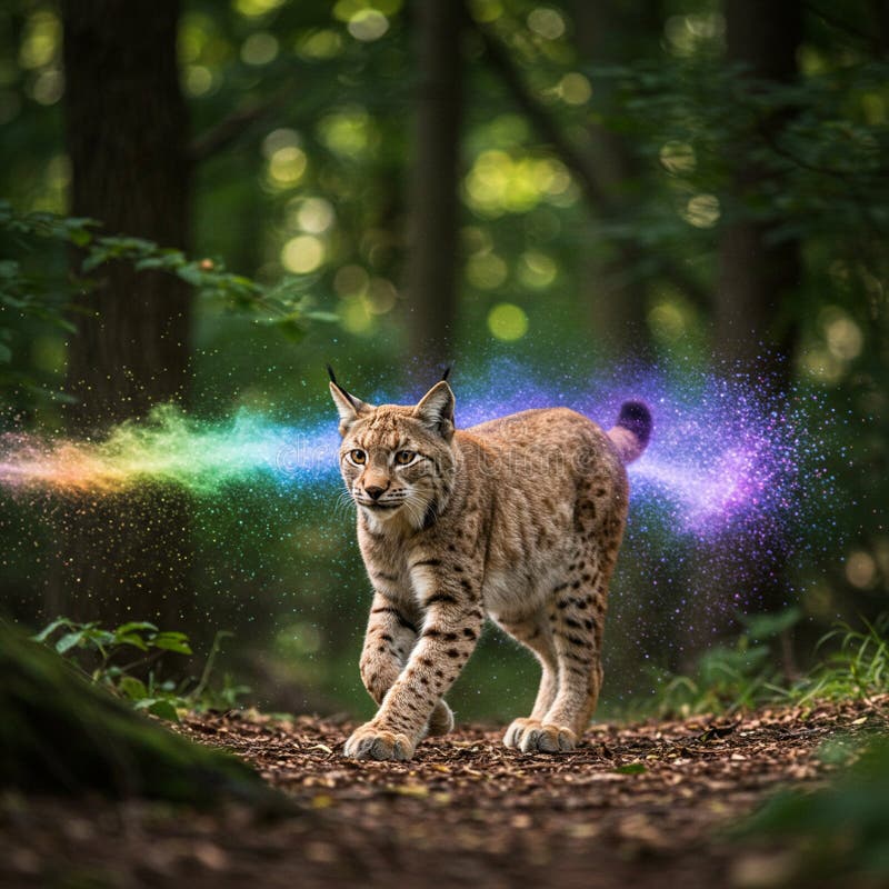 A lynx (Lynx lynx) strides through a forest setting, surrounded by vibrant, swirling stock illustration