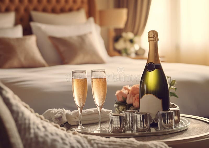 Lyxhotellrum med champagneflaska och glas för romantisk vakationmakoai generativ vektor illustrationer