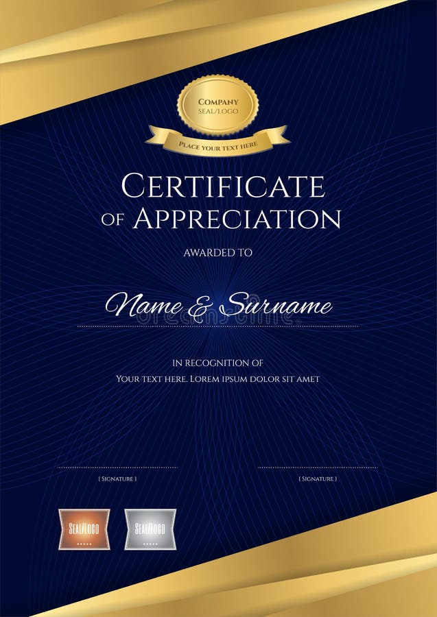 Lyxig certifikatmall med eleganta blått och den guld- gränsen stock illustrationer