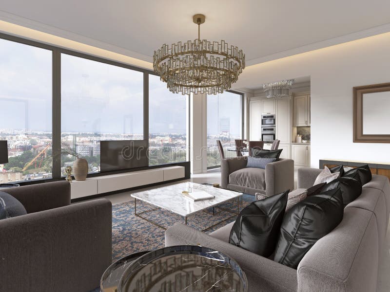 Lyxig inre av modern stil för vardagsrum med TVenheten, soffan, fåtöljer, kaffetabellen och den äta middag tabellen med kök vektor illustrationer Lyxig inre av modern stil för vardagsrum med TVenheten, soffan, fåtöljer, kaffetabellen och den äta middag tabellen med kök vektor illustrationer