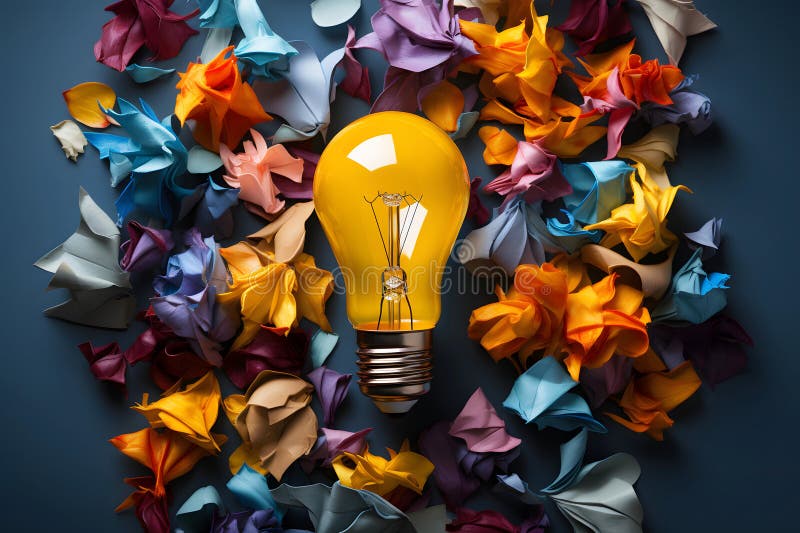 Lámpara eléctrica sobre un fondo de papel de color cruzado. concepto de definición e implementación de una idea y negocio.