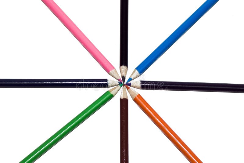 Eight pencils, four black and one each of pink, blue, brown, green with their points touching and placed symmetrically about a central point isolated on white background. Eight pencils, four black and one each of pink, blue, brown, green with their points touching and placed symmetrically about a central point isolated on white background.
