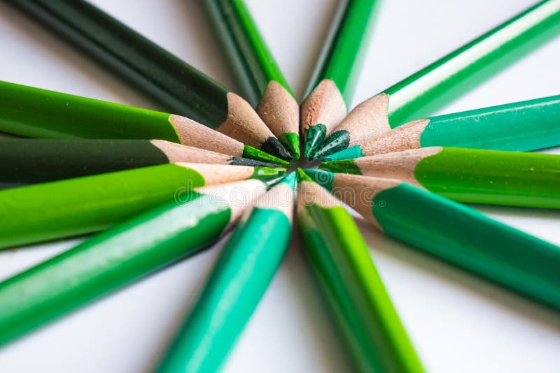 Lápis verdes que formam um círculo de cor isolado no fundo branco fotos de stock Lápis verdes que formam um círculo de cor isolado no fundo branco fotos de stock