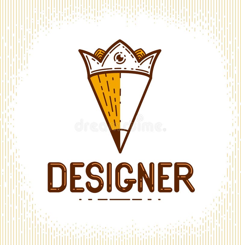 Lápiz combinado con la corona, el logotipo del vector o el icono de moda simple para el diseñador o el estudio, rey creativo, dis stock de ilustración Lápiz combinado con la corona, el logotipo del vector o el icono de moda simple para el diseñador o el estudio, rey creativo, dis stock de ilustración