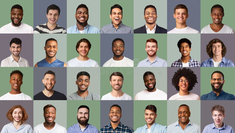 Lächeln Männer unterschiedlichen Alters und des Nationalitätssatzes Portraits stockbilder