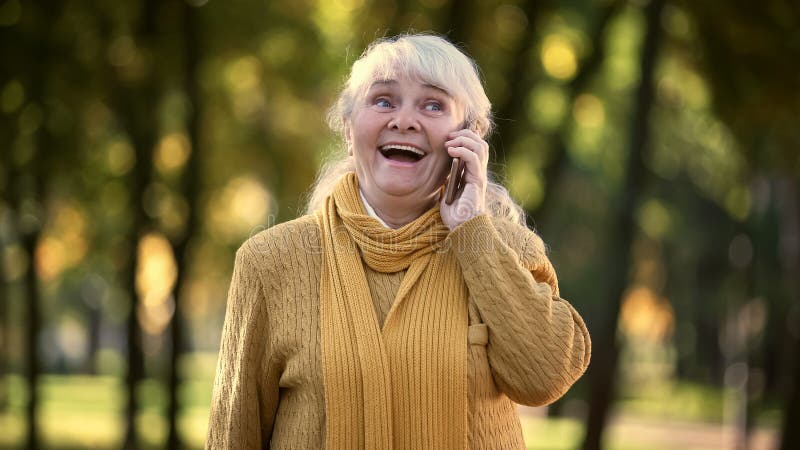 Lächelnde alte Frau, die am Handy im Park, in der vollen Familie und in den Freunden spricht stockfotografie Lächelnde alte Frau, die am Handy im Park, in der vollen Familie und in den Freunden spricht stockfotografie