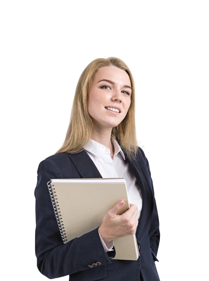 Lächelnde blonde Geschäftsfrau, Notizbuch, lokalisiert stockbild Lächelnde blonde Geschäftsfrau, Notizbuch, lokalisiert stockbild