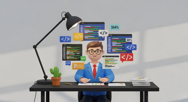 Lächelnde 3D-Zeichentrickprogrammfigur, umgeben von Codefenstern und Datenvisualisierung stock abbildung