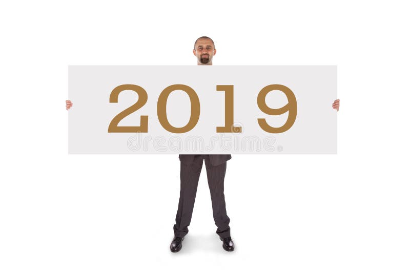 Lächelnder Geschäftsmann, der eine wirklich große leere Karte - 2019 hält stockbilder Lächelnder Geschäftsmann, der eine wirklich große leere Karte - 2019 hält stockbilder