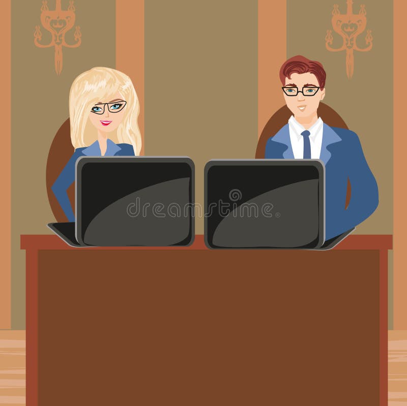 Lächelnder Geschäftsmann unter Verwendung des Laptop cmputer am Schreibtisch und Unterhaltung mit einer Frau lizenzfreie abbildung Lächelnder Geschäftsmann unter Verwendung des Laptop cmputer am Schreibtisch und Unterhaltung mit einer Frau lizenzfreie abbildung